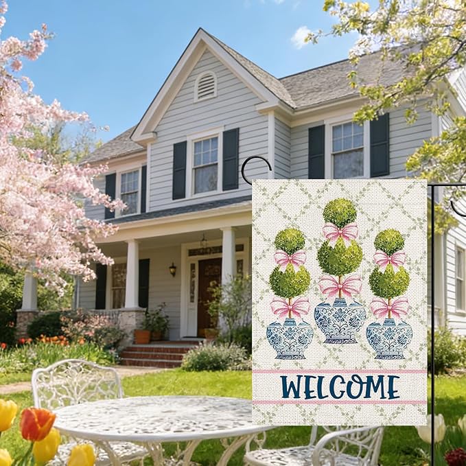 Chinoiserie Topiary Welcome Decorative Garden Flag, Blue and White Porcelain Botanical Small Yard Outside Decorations, Pink Bow Coquette Plant Burlap Outdoor Home Decor Double Sided 12 x 18
