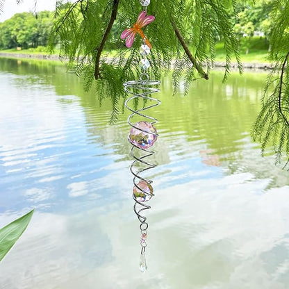 FONMY Dragonfly Gazing Ball Spiral Wind Spinner Sun Catcher Rainbow Maker Silver Spiral W/Pink K9 Crystal Ball Tree Hanging Ornament Indoor Outdoor Garden Decor. 19.5inch H