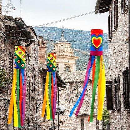 timecity 2PCS Rainbow Windsock Heavy Duty 40 Inches Garden Stripes Heart Wind Socks Banner Flag Outdoor Hanging Decor for Valentine's Day Wall Tree Front Patio Lawn Garden Decor