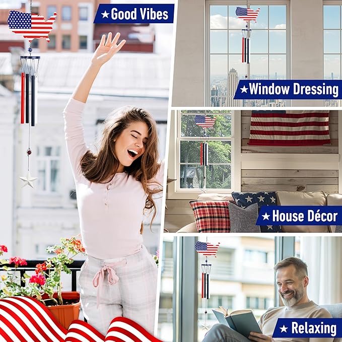 CoTa Global USA Map Flag Wind Chime - Handmade Metal Hanging Decor, Patriotic United States Ornament with Red Blue Tubes, Indoor Outdoor Porch Patio Yard Decoration - 33 Inches