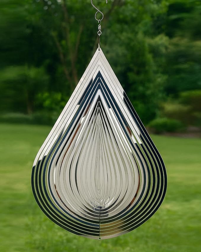 3D Stainless Steel Wind Spinner – 11.8" Hanging Garden Wind Spinner for Outdoor & Indoor Decor | Kinetic Metal Yard Art for Patio, Balcony, Porch or Living Room - Easy Installation (Droplet)