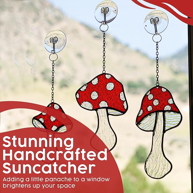 Mushroom Stained Glass Suncatcher Set – 3 Fly Agaric Hand-Painted Toadstool & Moon Window Ornaments – Boho Nature Window Décor for Home, Plant, and Mushroom Lovers