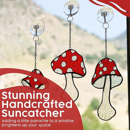 Mushroom Stained Glass Suncatcher Set – 3 Fly Agaric Hand-Painted Toadstool & Moon Window Ornaments – Boho Nature Window Décor for Home, Plant, and Mushroom Lovers