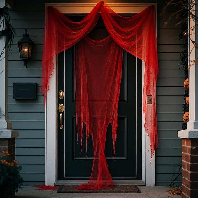 RunNico 197'' x 85'' Halloween Blood Red Scary Gauze, Bloody Haunted House Creepy Cloth, Spooky Fabric Hanging Decoration for Horror Themed Nightmare Party Wall Yard Doorway Porch Decor