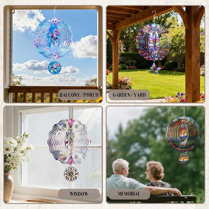 Hanging Wind Spinners Outdoor - 3D Metal Kaleidoscope Kinetic Spinning Decor for Garden Yard Patio Porch Indoor Outside Art Ornaments Christmas Decoration Birthday Gifts for Women Mom Wife