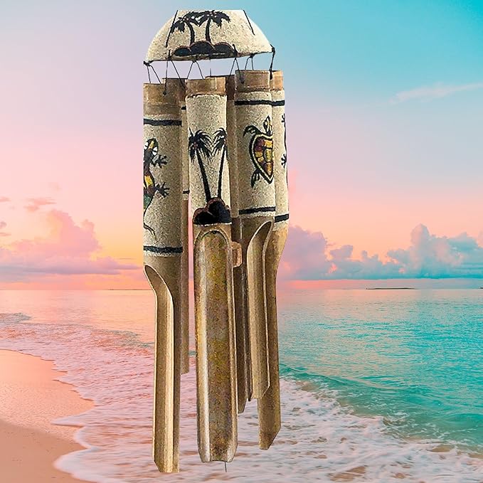 Bellaa 24629 Bamboo Wind Chimes Sea Sand Art Painting Palm Coconut Tree Gecko Sea Turtle Handmade Windchimes Outdoor Garden Patio Gifts 32 Inch