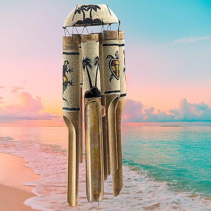 Bellaa 24629 Bamboo Wind Chimes Sea Sand Art Painting Palm Coconut Tree Gecko Sea Turtle Handmade Windchimes Outdoor Garden Patio Gifts 32 Inch