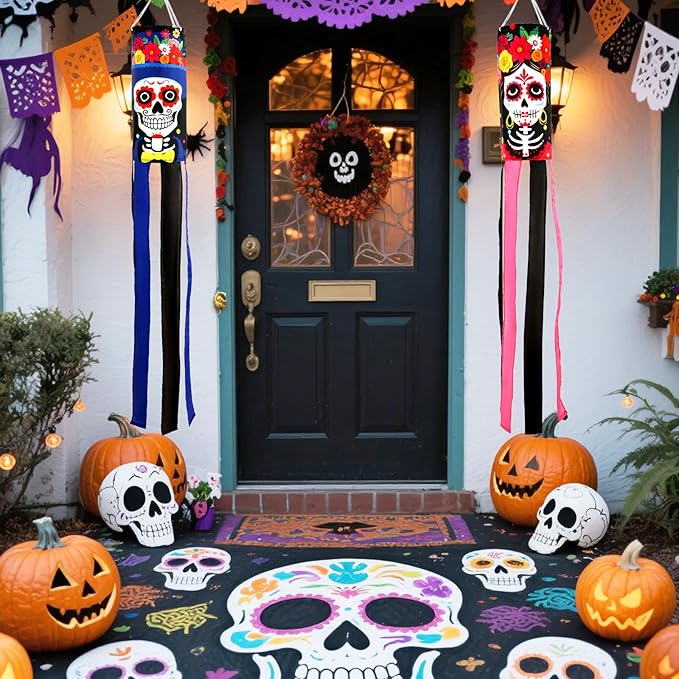 NOVWANG 2 Pcs Day of The Dead Windsocks, Dia de Los Muertos Wind Socks Day of The Dead Hanging Windsock Flag Decoration for Garden Yard Porch Backyard Patio Decor