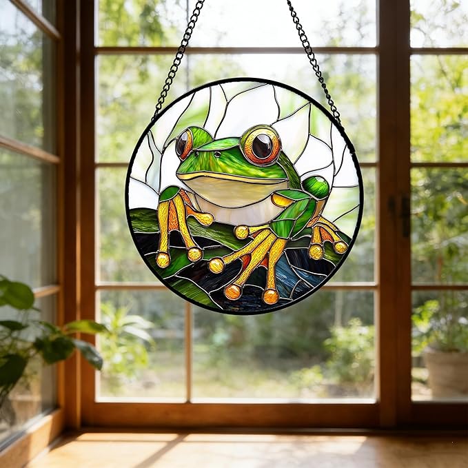 DASTOLL Stained Glass Window Hanging, Green Frog White Petals Sun Catchers Colorful Glass Panel Cute Suncatcher Decor for Birthday for Women, Men, Wife, Aunt, and Mom 7.8 in