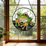 DASTOLL Stained Glass Window Hanging, Green Frog White Petals Sun Catchers Colorful Glass Panel Cute Suncatcher Decor for Birthday for Women, Men, Wife, Aunt, and Mom 11.8x11.8 in