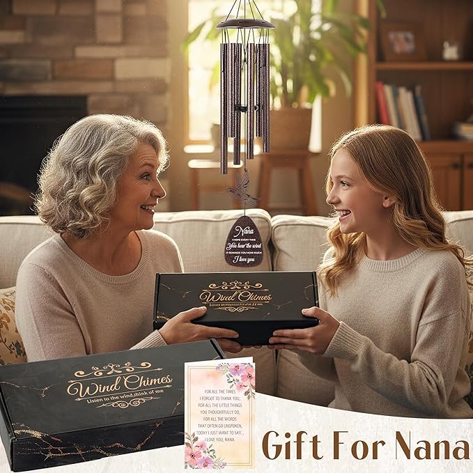 Nana Gifts Wind Chimes - Metal Hummingbird Windchimes with Card Indoor Outdoor Hanging Decor Best Grandma Gift from Grandkids for Appreciation Grandparents Day Christmas New Year Birthday