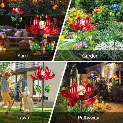 AIINY Solar Lights Outdoor Garden Decor, Solar Wind Spinner Yard Decorations Gifts for Outside, Lotus Windmill Pathway with LED Cracked Crystal Ball Waterproof Flower Sculpture for Patio Lawn