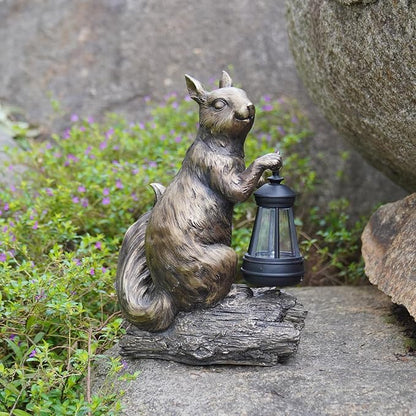 DiliComing Solar Garden Decor Outdoor Statues - Resin Cute Animal Solar Powered LED Garden Light Porcelain Squirrel Decor Yard Decorations Outdoor 8.5 * 4.5 * 11.25 Inch
