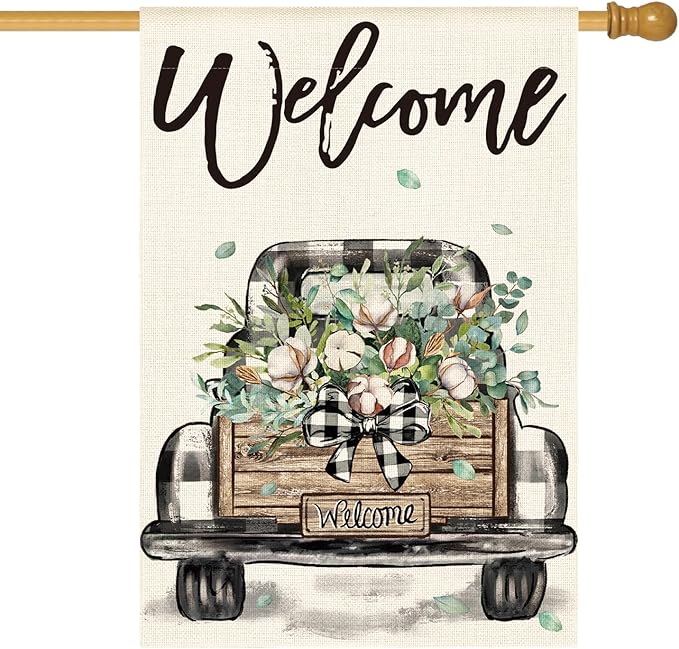 AVOIN colorlife Welcome Spring Truck House Flag 28x40 Inch Double Sided, Cotton Rustic Buffalo Plaid Yard Outdoor Flag