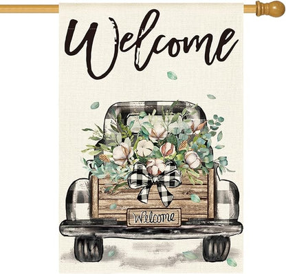 AVOIN colorlife Welcome Spring Truck House Flag 28x40 Inch Double Sided, Cotton Rustic Buffalo Plaid Yard Outdoor Flag