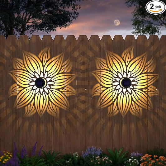 Hapjoy Solar Fence Lights 2 Pack Outdoor Deck Step Wall Lights Metal Waterproof LED Warm Yellow Light for Garden Post Patio Backyard Yard Decor (Flower, 2)