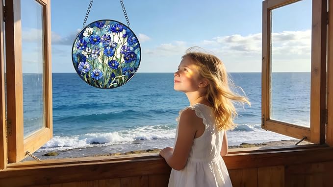 Stained Glass Window Hanging - Blue Floral Pattern 6.3 Inches Suncatcher for Garden Home Decor for Women Mon Grandma Friends