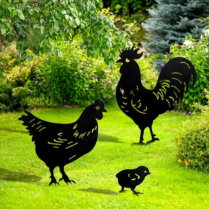 TT & MM Chicken Gifts for Women/Men,Metal Chicken Yard Decor 3 Pcs Rooster Decorations Garden Stakes,Hen/Chicks Silhouette Statues for Yard Art,Backyard,Patio,Lawn,Outdoor Decor