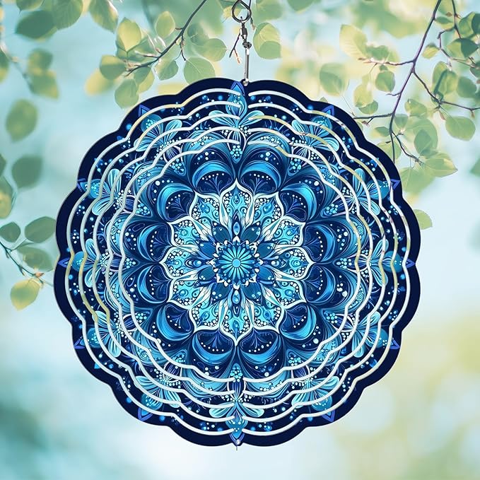 Wind Spinners Outdoor, Hanging Wind Spinner for Garden Decoration, 8 inch 3D Stainless Steel Metal Wind Sculpture for Indoor/Outdoor Decor, Blue Mandala