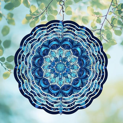 Wind Spinners Outdoor, Hanging Wind Spinner for Garden Decoration, 8 inch 3D Stainless Steel Metal Wind Sculpture for Indoor/Outdoor Decor, Blue Mandala