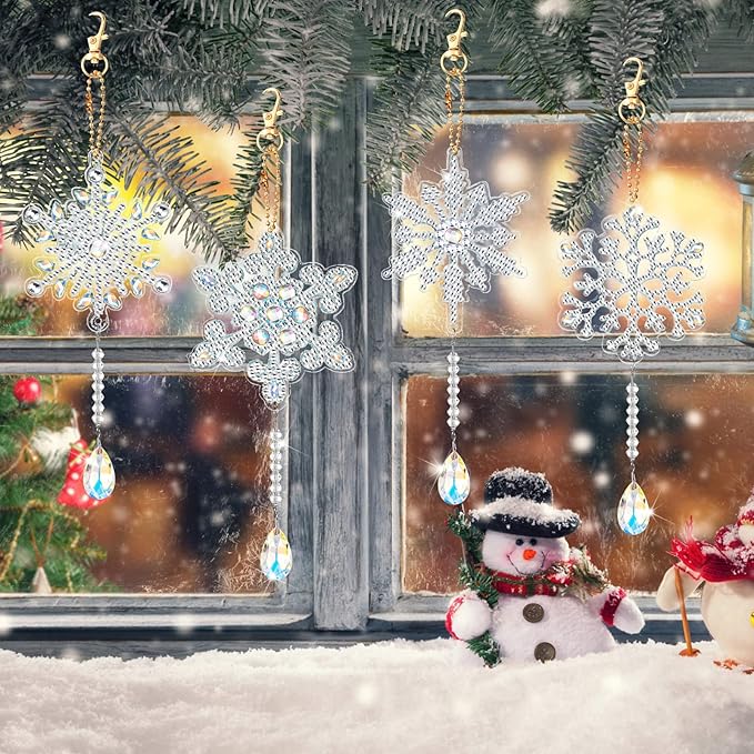 4 Pcs 5D 9.7x3 inch Christmas Diamond Painting Kits DIY Point Drill Diamond Painting Wind Crystal Wind Chimes Double Snowflake Ornaments with Crystal Pendant for Home Garden Hanging Decor(White)