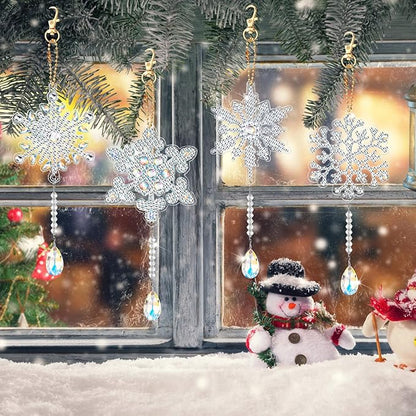 4 Pcs 5D 9.7x3 inch Christmas Diamond Painting Kits DIY Point Drill Diamond Painting Wind Crystal Wind Chimes Double Snowflake Ornaments with Crystal Pendant for Home Garden Hanging Decor(White)