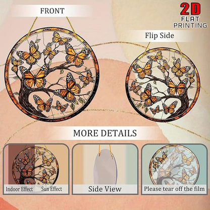 7.87Inch Butterfly Sun Catcher Acrylic Garden Cute Yellow Tree of Life Stained Suncatcher Decor Colorfu Glass for Wall Home, Garden, Housewarming Women Neighbor Decor Gifts for Mom