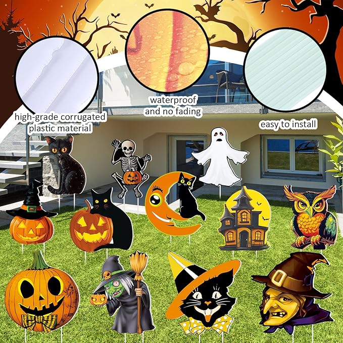 Amyhill 12 Pcs Halloween Yard Signs Vintage Lawn Decorations with Stakes Sturdy Corrugated Plastic Outdoor Decorations Witch Black Cat Pumpkin Ghost Owl Skeleton Garden Signs for Scary Halloween Party