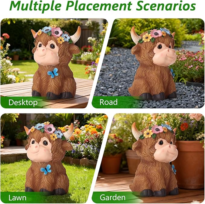 Solar Garden Decor Highland Cow with Flowers Statues Outdoor, Outdoor Figurine Statue Lights, Outdoor Garden Yard Lawn Patio Decoration, Unique House warming Birthday Present for Women Family