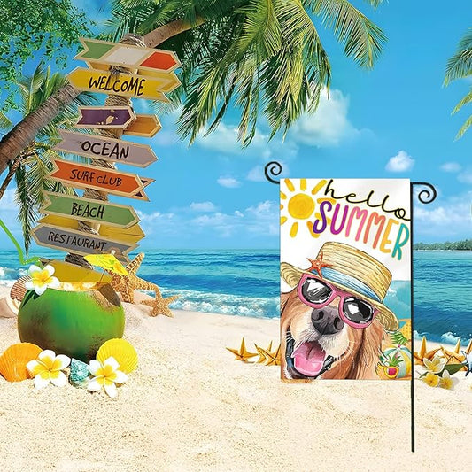Hello Summer Garden Flags for Outside, Dog with Sunglass Beach Sun Hat Yard Decoration, Small Seasonal Outdoor Decor for Spring Farmhouse Holiday,12x18 Inch Double Sided