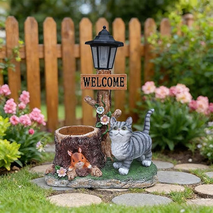 Solar Garden Statue with Planter & Solar Lantern, Outdoor Resin Animal Sculpture, Waterproof Yard Lawn Decor Pot for Succulents, Front Porch Ornament Housewarming Gift (American Shorthair Cat)