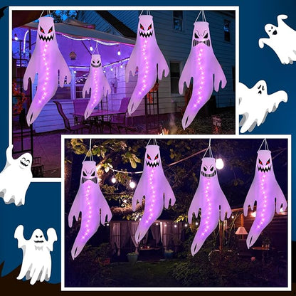Geefuun 4PCS Purple Halloween Fierce Ghost Windsocks Hanging Decorations - 43 Inch Flag Wind Socks for Home Yard Outdoor Decor Party Supplies (Batteries Not Included,No Timer)
