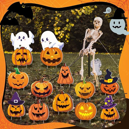 Amyhill 12 Pcs Halloween Pumpkin Yard Signs for Outdoor Halloween Ghost Jack O Pumpkin with Witch Hats Lawn Stakes Spooky Trick or Treat Yard Decorations for Garden Prop Home Party Decor