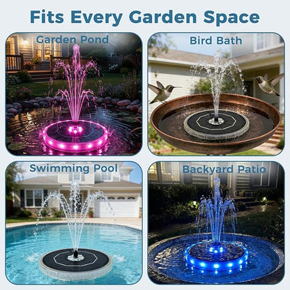 Solar Fountain for Bird Bath with Colorful LED Lights, Floating Solar Fountain, 3W Solar Powered Water Fountain Pump with Strong Spray & 5 Nozzles for Garden, Pond, Pool, 23 LED Lights