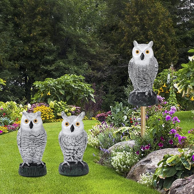 KKY 2 Packs Fake Plastic Owl Bird, Garden owl Statue,Can Repel Pigeons Away from The House, Garden, Pool. (3pc Black)