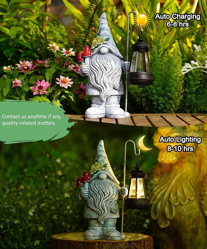 Garden Gnome with Solar Lantern: Outdoor Statue Decorations for Home Yard Lawn Balcony Patio Porch - Mothers Day Gifts for Mom Women Grandma