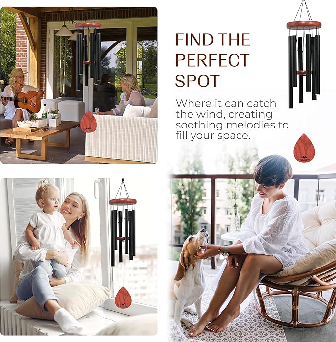 UpBlend Wind Chimes for Outside Gift – Deep Tone Wind Chime with Decorative Stone – Porch & Patio Decor, Elegant Outdoor Ornament, Garden Gifts. 28” Black.