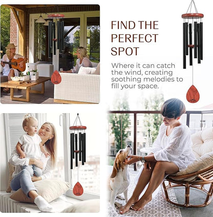 UpBlend Wind Chimes for Outside Gift – Deep Tone Wind Chime with Decorative Stone – Porch & Patio Decor, Elegant Outdoor Ornament, Garden Gifts. 28” Black.