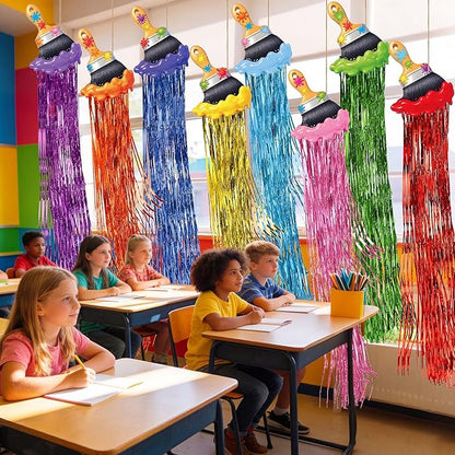 Affrolling 8 Pcs Back to School Paint Brush Party Decoration Paint Brush Hanging Decorations with Tassels for Classroom Back to School Art Birthday Party Supplies 3.4 ft Summer Door Banner Sign Decor