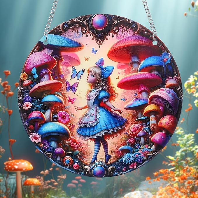 Butterfly Girl Fairy Suncatcher Acrylic Flower Mushroom Window Hanging Stained Sun Catchers Indoor Window Decor with Chain Home Garden Decoration 7.8 inch YKA188 (D)