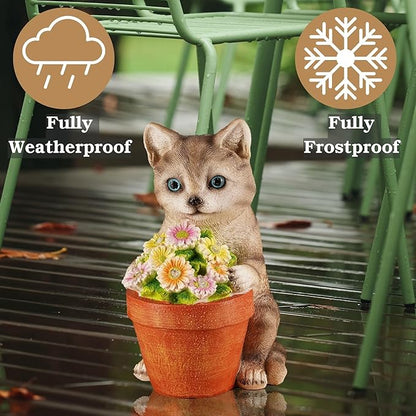 Muldale Cat Solar Light - Cat Garden Statue Outdoor - Solar Powered Cat Garden Decor for Outside - Hand Painted Floral Plant Pot Light Up Cat, Brown