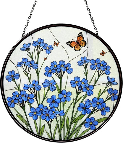 Forget-Me-Not Hand Stained Glass Window Hanging Floral Sun Catcher Decor Flower Lover Gifts for Women Christmas Suncatchers for Home Windows Hanging Decoration, 7.87inch