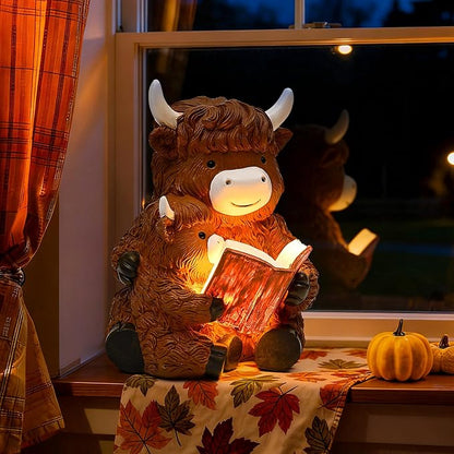 GIGALUMI Solar Highland Cow Decor 8" Garden Statue, Outdoor Decor, Decoration with Light for Patio Yard Lawn Balcony, Christmas/Birthday Gifts for Mom Women