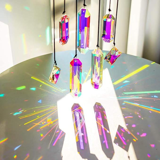 HDCRYSTALGIFTS Set 7 Crystal Sun Catcher Prisms, AB Colored Suncatcher Crystals Indoor Window Hanging Ornaments Rainbow Maker Prisms for Home Garden Decor