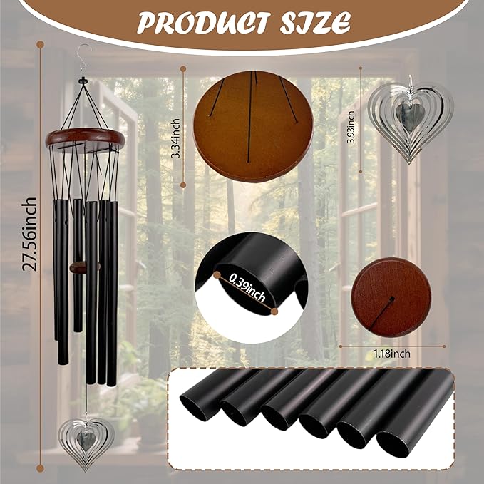 28'' Wind Chimes with Heart Spinner, Aluminum Hanging Metal Wind Catcher for Outdoor Decor, Garden, Patio Decoration