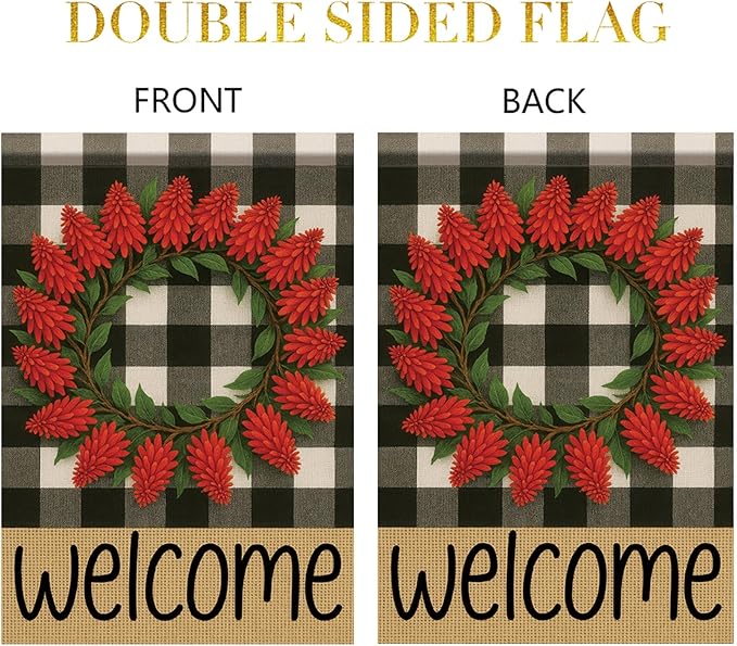 Welcome Spring Summer Garden Flags for Outside 12x18 Double Sided Buffalo Plaid Wreath Red Pinecone Flower Seasonal Sign Small Yard Flag Farmhouse Holiday Outdoor Decor