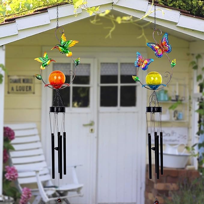 MAGGIFT 2 Pack Solar Outdoor Wind Chimes, Metal Butterfly & Hummingbird Wind Chime with Warm White LED Globe Glass, Mobile Hanging Decorative Patio Lights for Yard Garden, Gifts for Mom Women Wife