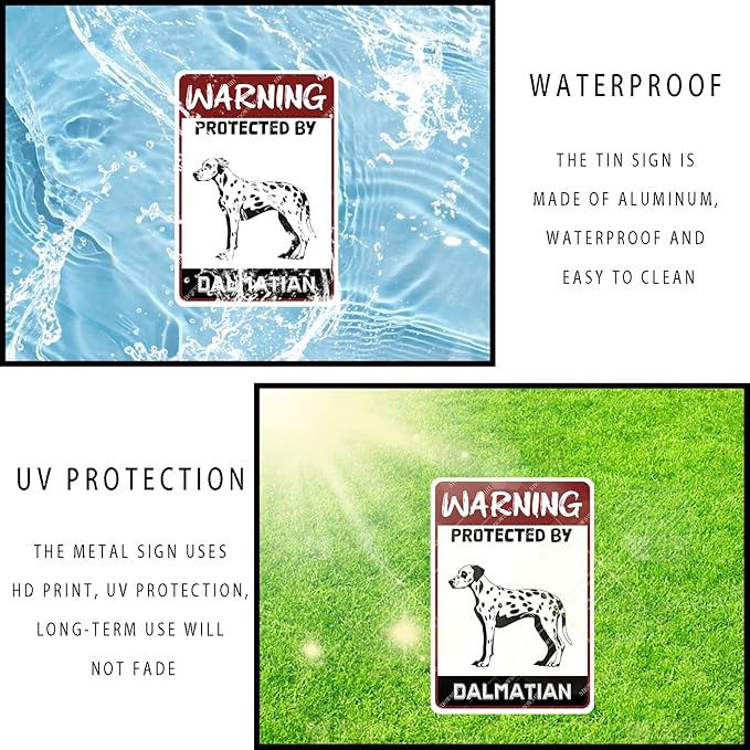 snowsun Warning Dog Metal Signs Protected by Dalmatian Tin Sign for Home Garden Yard Street Wall Decor 8×12 Inches