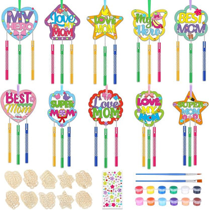 DoubleFill 30 Pack Mother's Day Wind Chime Kit Mom Crafts Make You Own Wind Chimes DIY Coloring Wooden Art and Craft Bulk for Mom's Birthday Gifts Party Decoration Hanging Ornaments