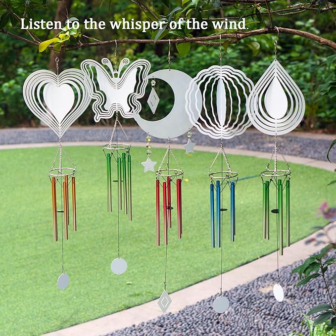 4 Packs Sublimation Wind Chime Wind Spinner Blanks Set 3D Aluminum Metal Wind Sculpture Kinetic Spinners Chimes for Yard and Garden Indoor Hanging Decoration (Moon)